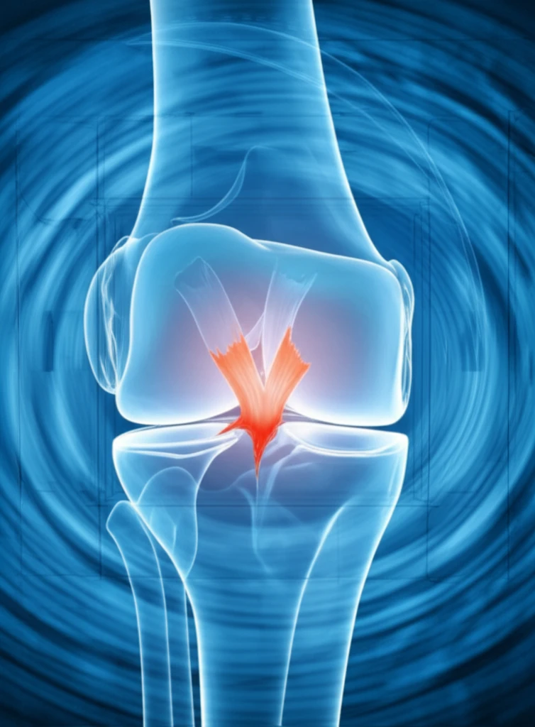 Illustration of a torn ACL within a knee joint, overlaid with MRI scan lines.