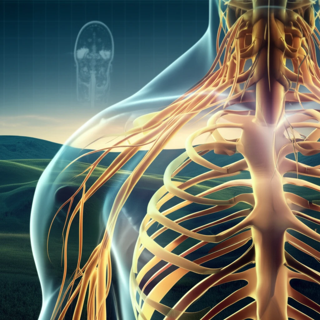 Surreal illustration of brachial plexus nerve network with MRI scan lines.