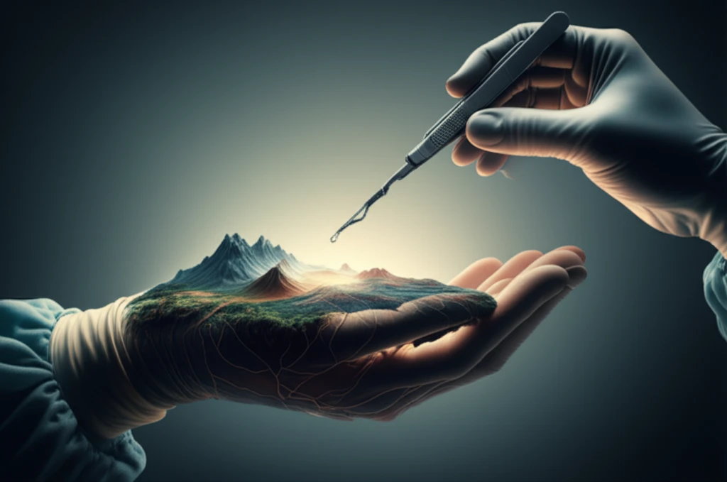 Surreal illustration of a surgeon's hand with a miniature surgical tool above a human body landscape.