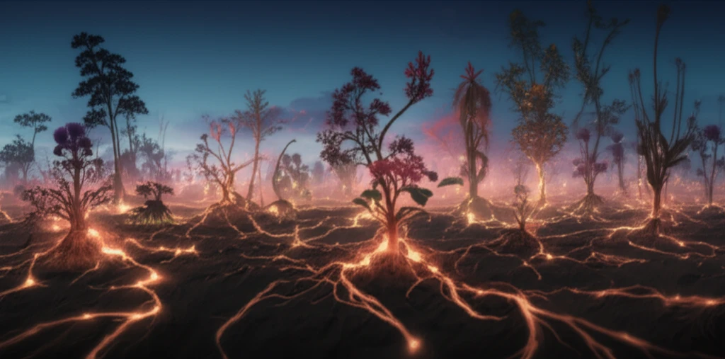 Interconnected plants with glowing roots, symbolizing data and research.