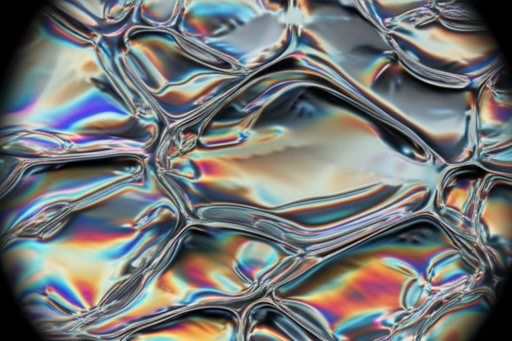 Microscopic view of a thin film undergoing deformation, visualized with vibrant interference patterns using holographic interferometry.