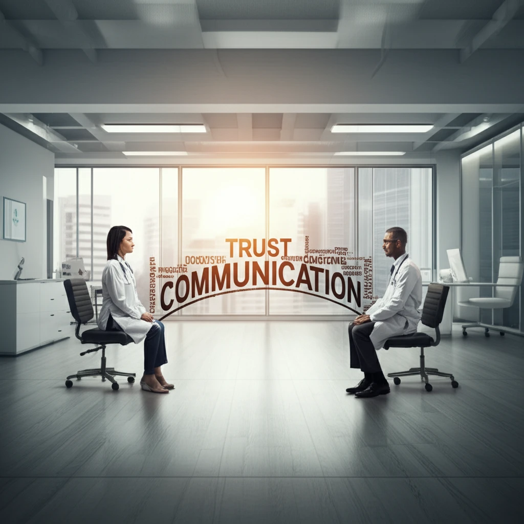 Doctor and patient communicating effectively with a bridge of words connecting them.