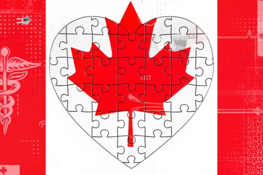 Interconnected puzzle pieces forming a heart against the Canadian flag, symbolizing standardized CHD research.