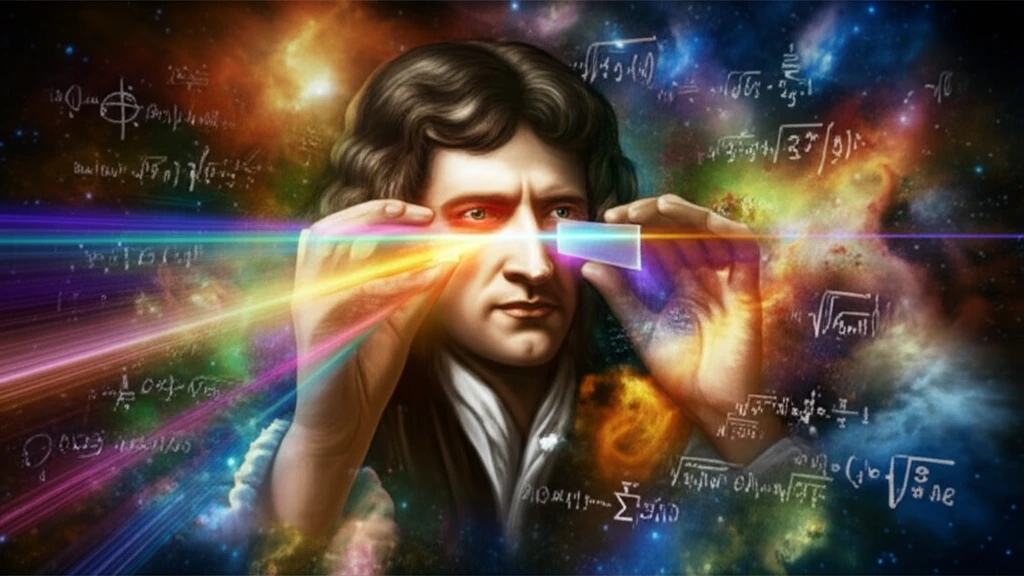 Isaac Newton gazing through a prism, light refracting into vibrant colors.
