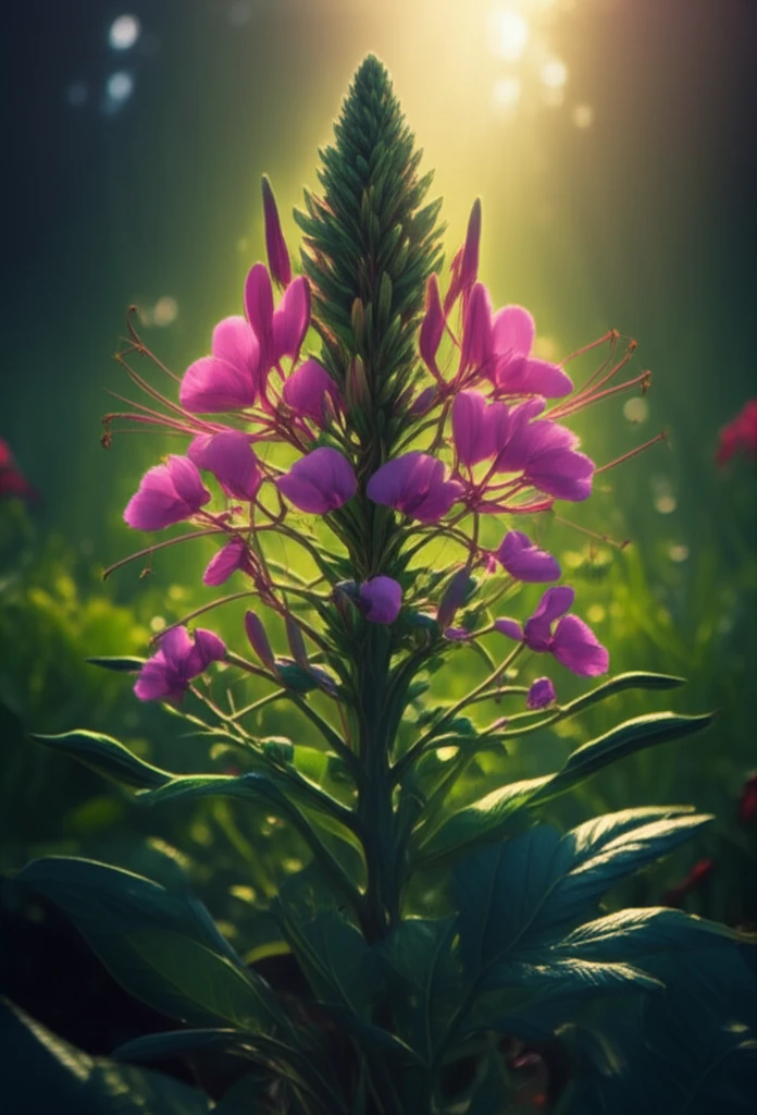 Lush field with Cleome Gynandra plant, highlighting medicinal qualities and vibrant colors.