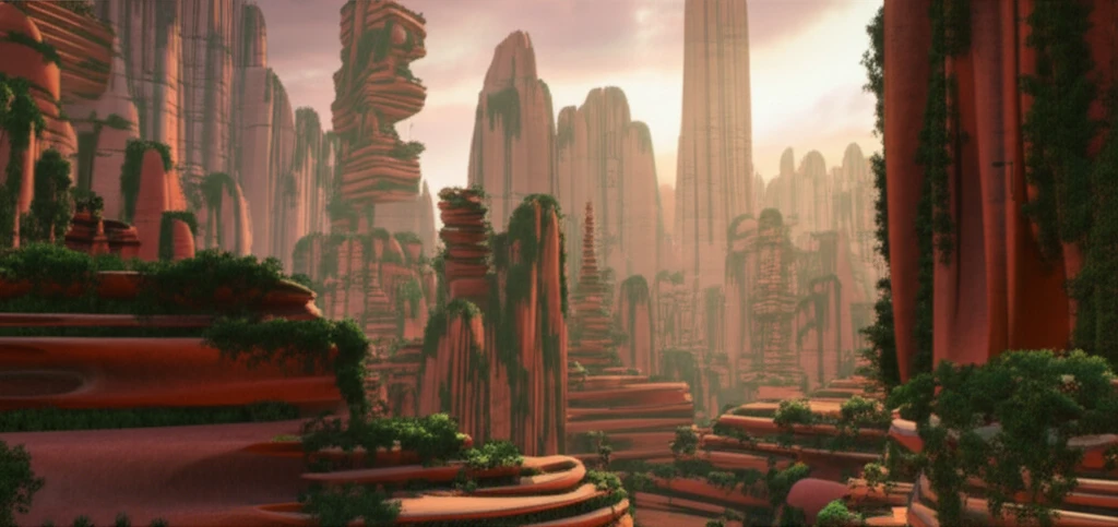 Futuristic cityscape featuring buildings made from red mud concrete, symbolizing sustainable construction and environmental innovation.