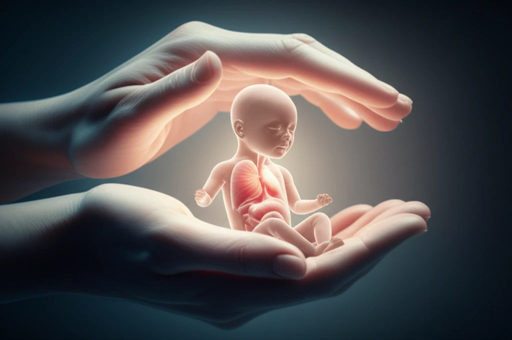 Caring hand holding a glowing representation of an infant's chest, highlighting a hamartoma.