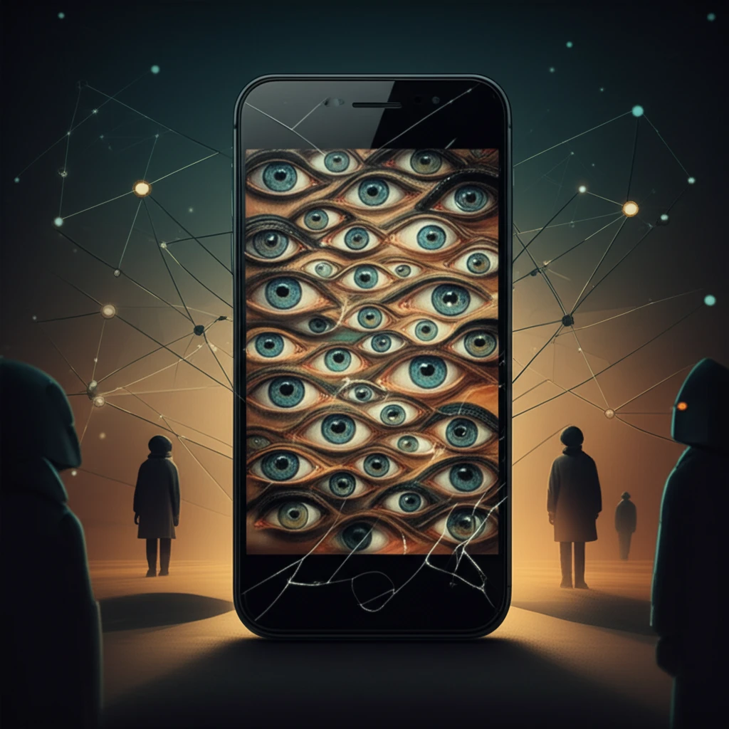 Surreal illustration of cracked smartphone screen with eyes peering out, symbolizing mass surveillance.