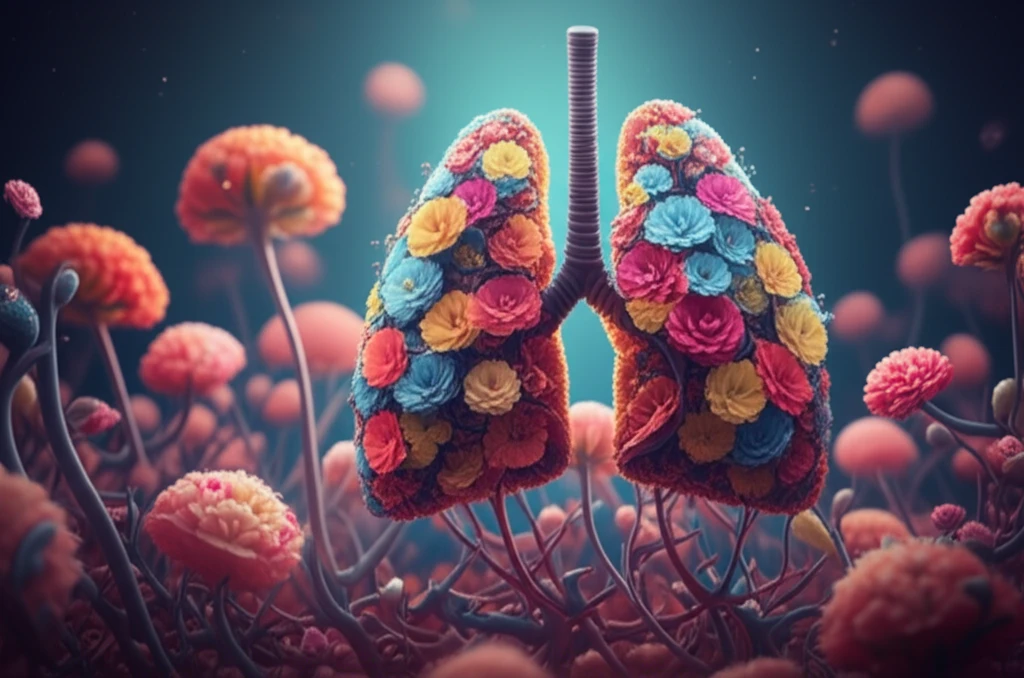 Lung cancer cells transforming into flowers, symbolizing successful treatment.