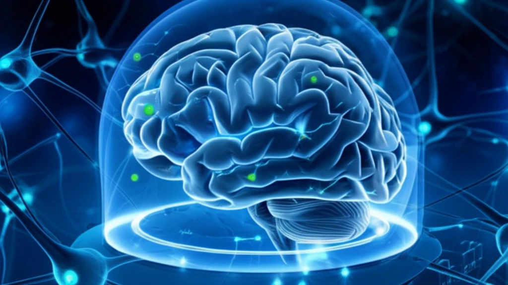 Brain with glowing neurons and electrochemical sensor.