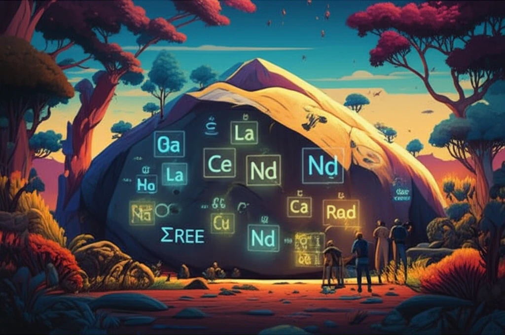 Geologists examining rocks with glowing chemical symbols in Nigeria.