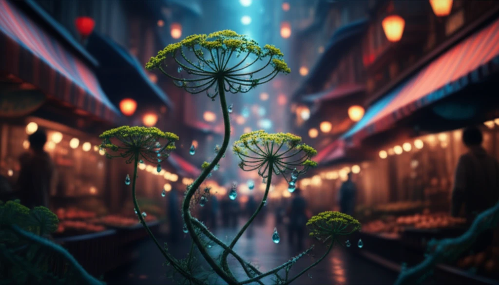 Surreal illustration of water dropwort with DNA strands, Asian marketplace backdrop
