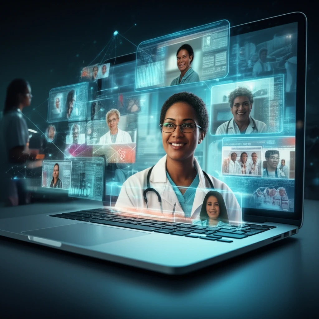 Digital patient portal interface transforming into a clinical trial recruitment landscape.