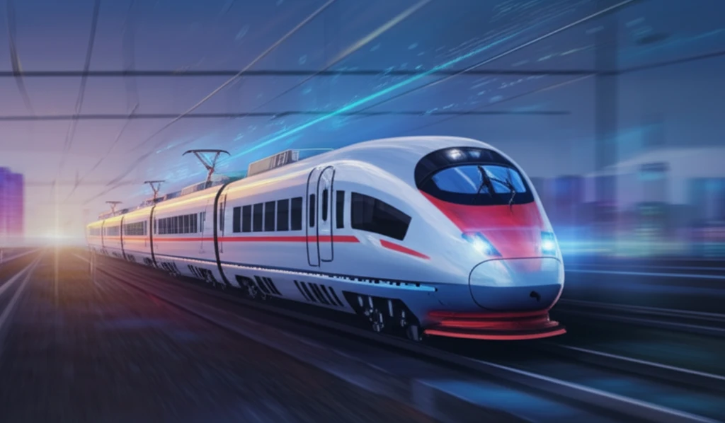 High-speed train seamlessly connected to power lines, symbolizing advanced rail technology.