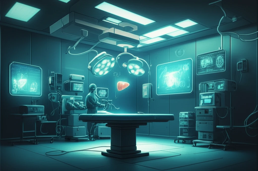Futuristic laparoscopic liver surgery with holographic displays.
