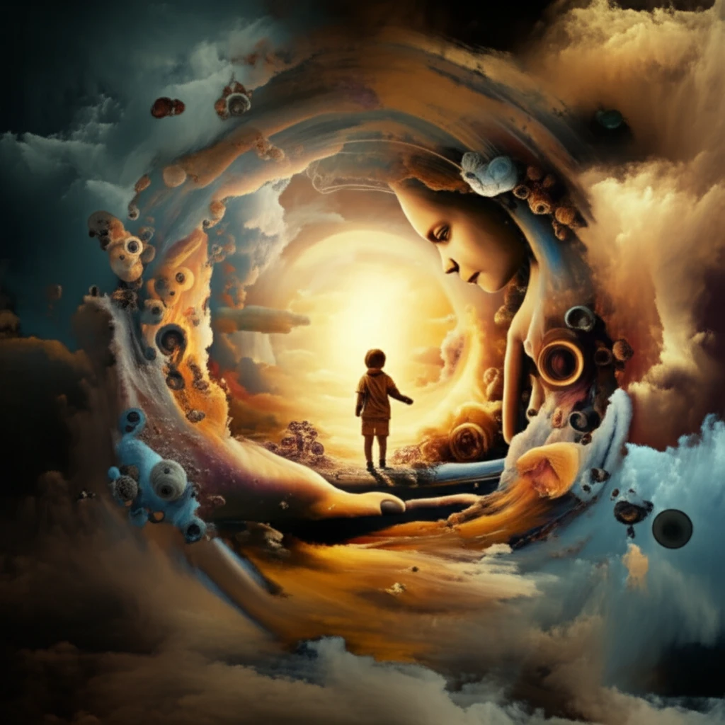 Surreal illustration of a child's mental health with a supportive adult.