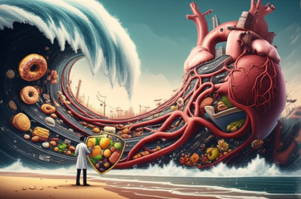 A surreal illustration of a wave of sugary treats crashing onto a cityscape made of arteries, symbolizing the diabesity epidemic.