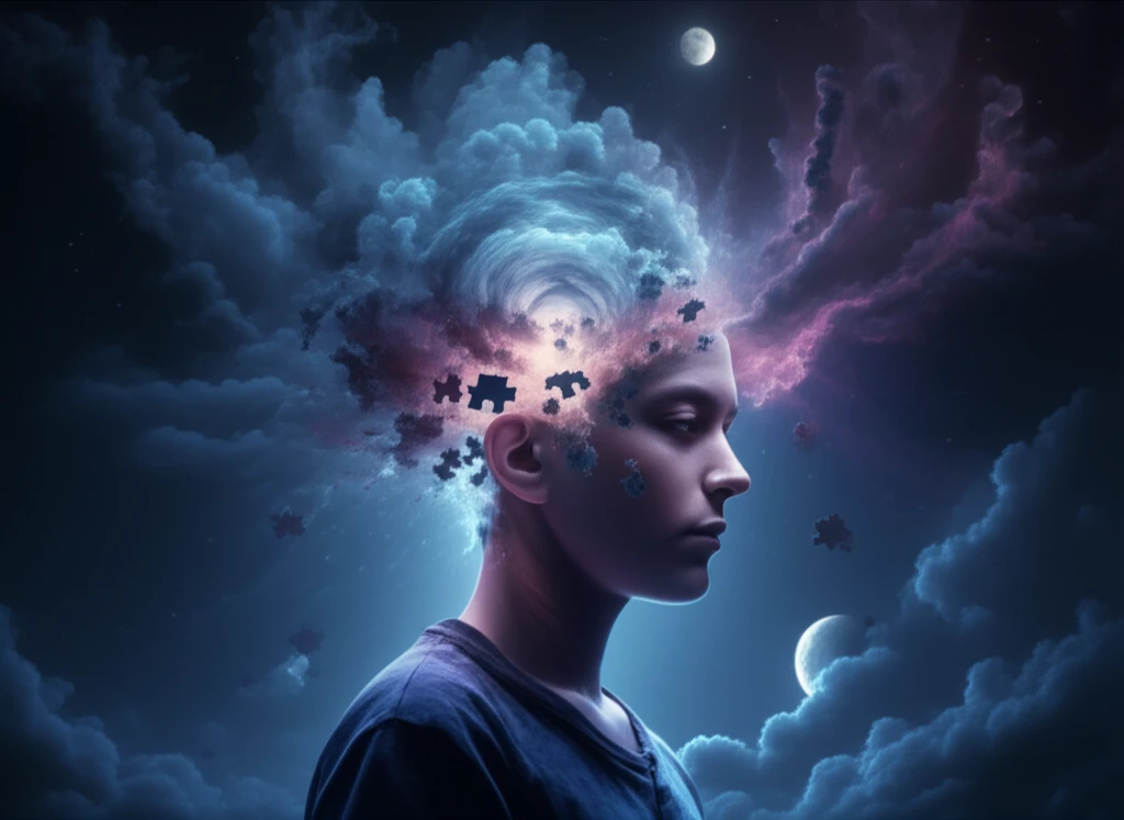 Surreal illustration representing the connection between racing thoughts, sleep problems, and emotional challenges in ADHD.