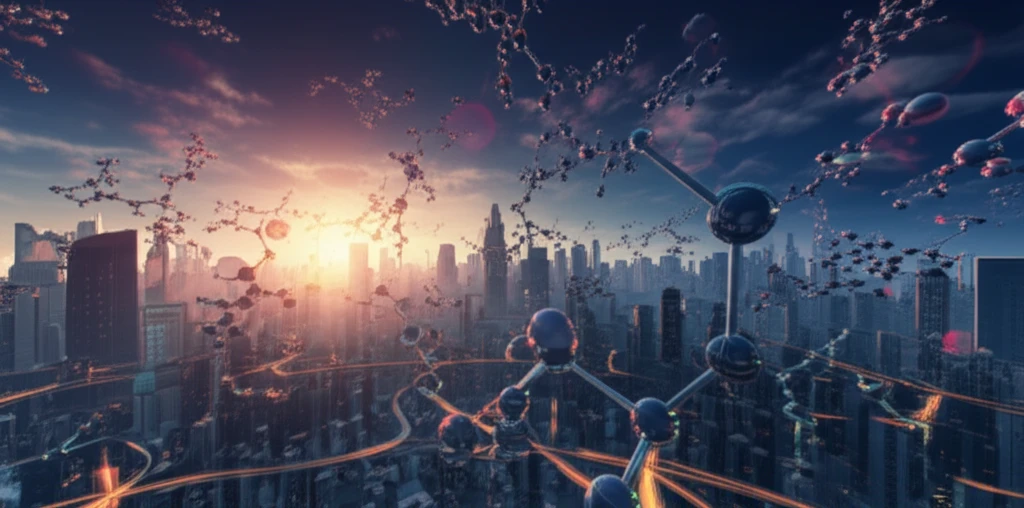 Intertwined molecules forming a cityscape at dawn.