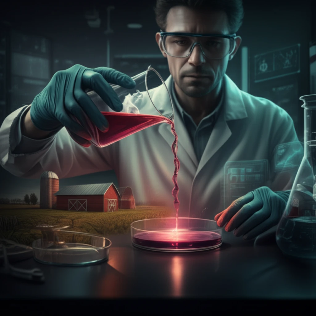 Duck blood hydrolysate being analyzed in a futuristic laboratory setting.