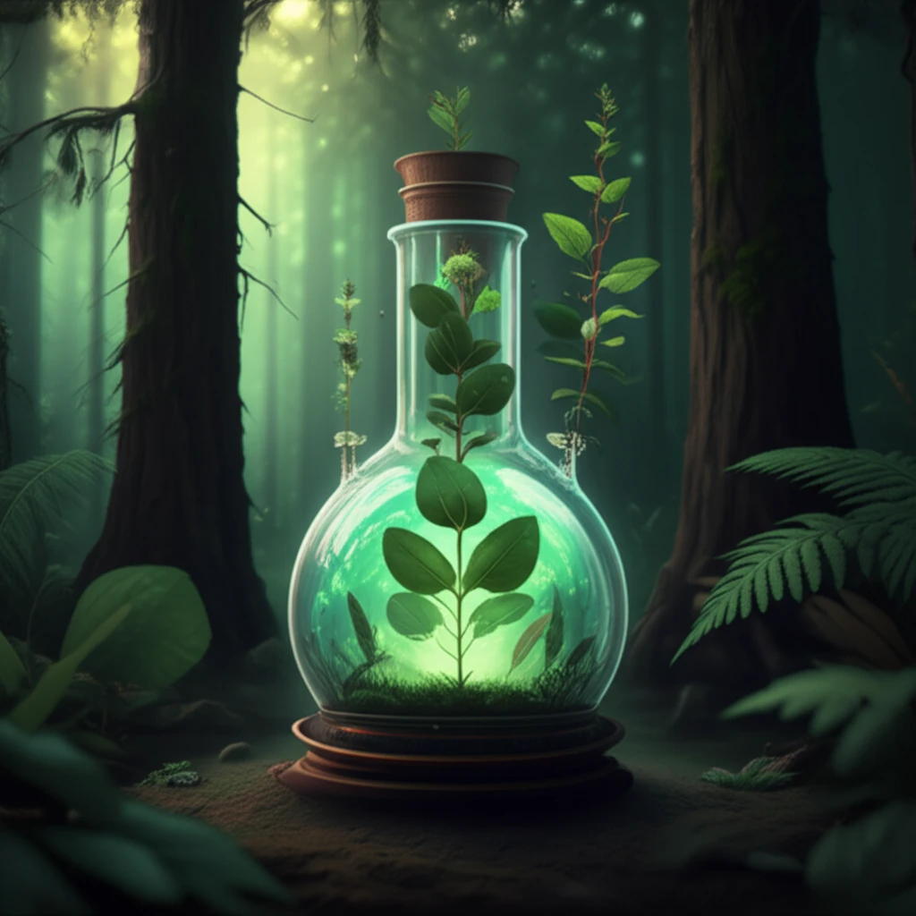 Eucalyptus shoots growing in a lab flask, symbolizing sustainable forestry.