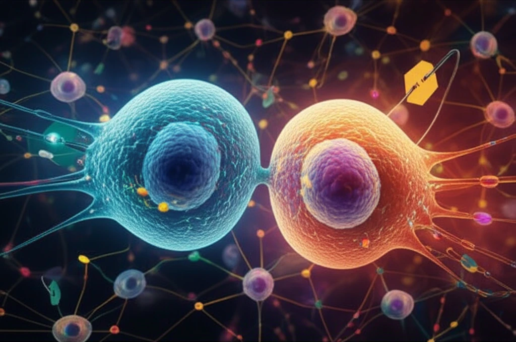Illustration of immune cells interacting with molecular tags transferring.