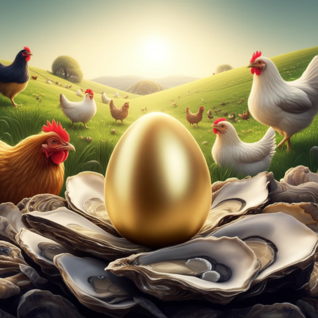 Golden egg resting on oyster shells with happy hens.