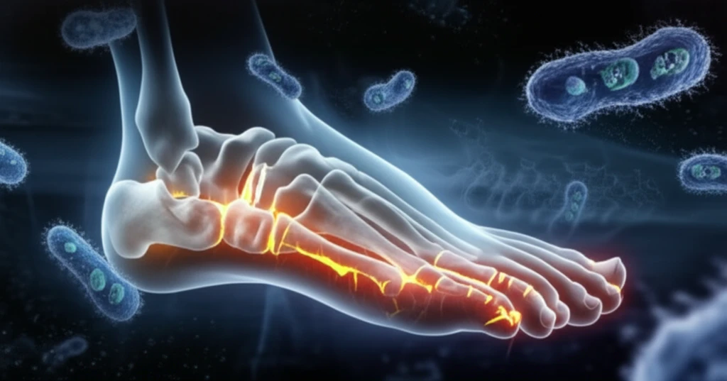 Surreal illustration of a diabetic foot ulcer with bacteria and bone structure.
