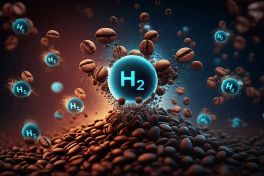 Coffee beans transforming into hydrogen molecules representing clean energy.