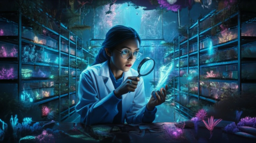 A woman scientist examining a plant specimen in a glowing herbarium.