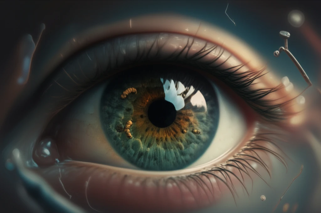 Stylized illustration of an eye infested with fly larvae.