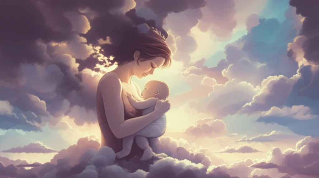 Illustration symbolizing postpartum depression recovery, with a mother and baby emerging from dark clouds into sunlight.