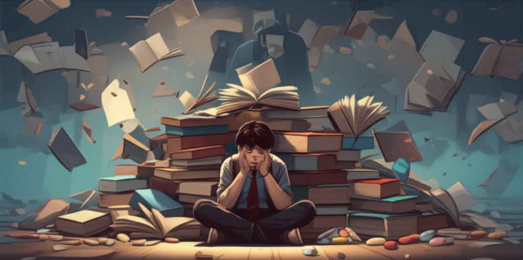 A stressed student surrounded by books and pills, symbolizing the pressures leading to psychotropic drug use.