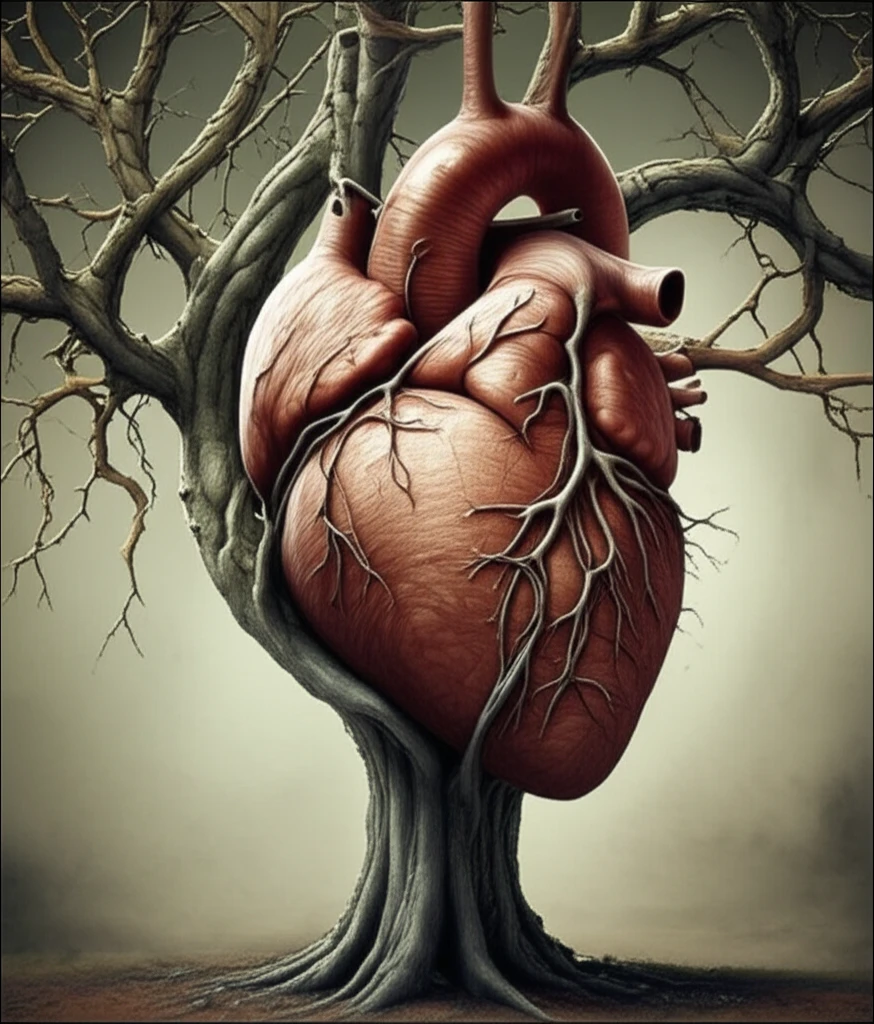 Surreal illustration of a heart and dust-covered tree, symbolizing the connection between lung health and cardiovascular disease.