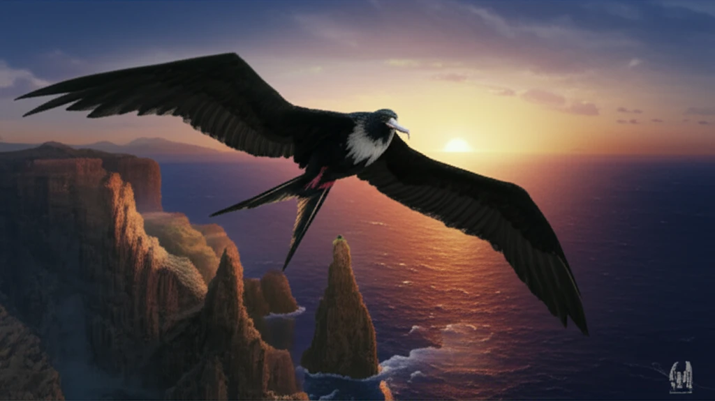 Ascension Frigatebird soaring over Boatswain Bird Island at sunset