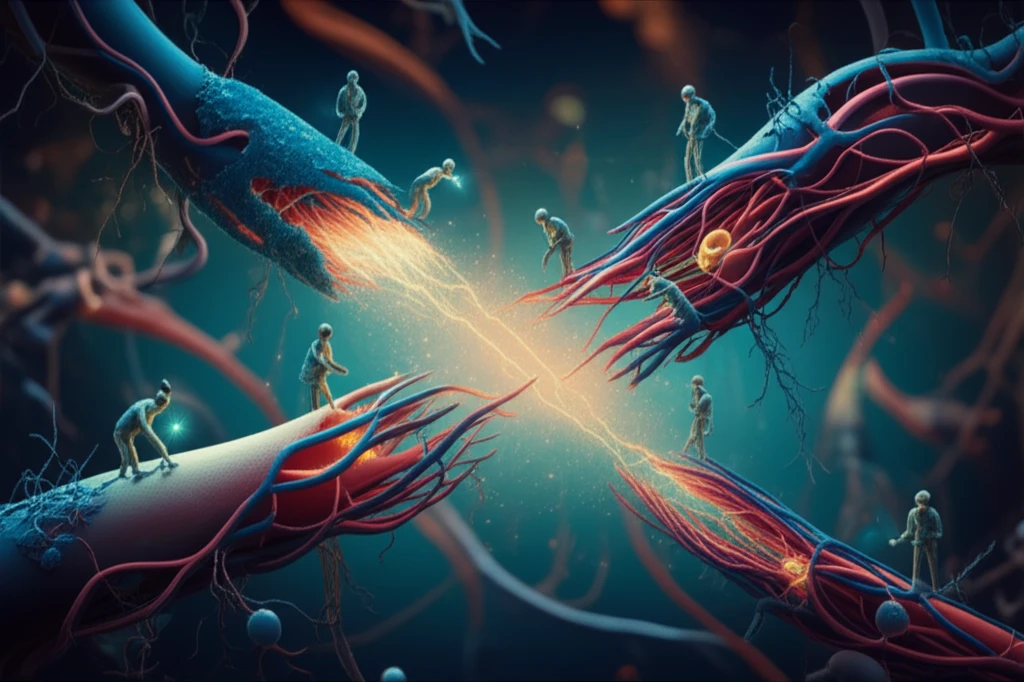 Illustration of platelet-rich fibrin matrix promoting nerve and tissue regeneration.