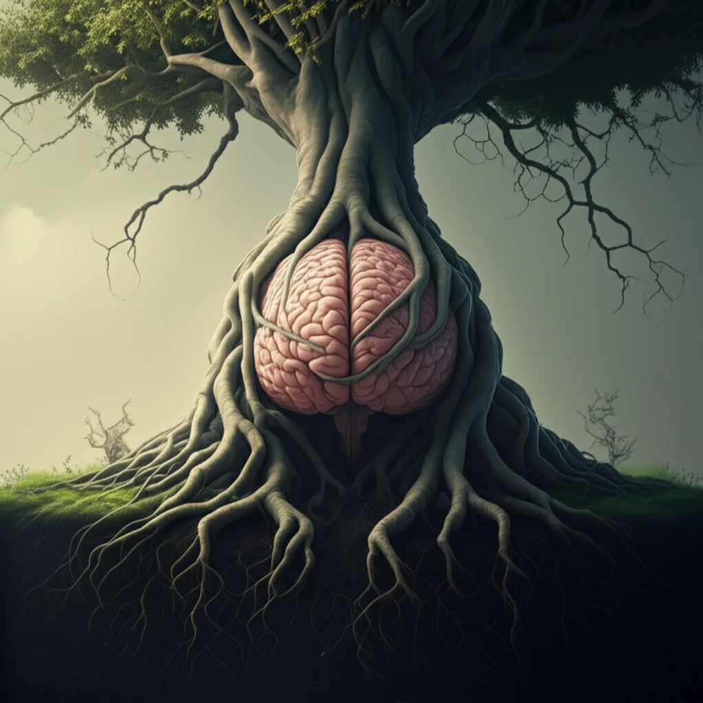 Brain intertwined with tree roots, symbolizing the unconscious mind.