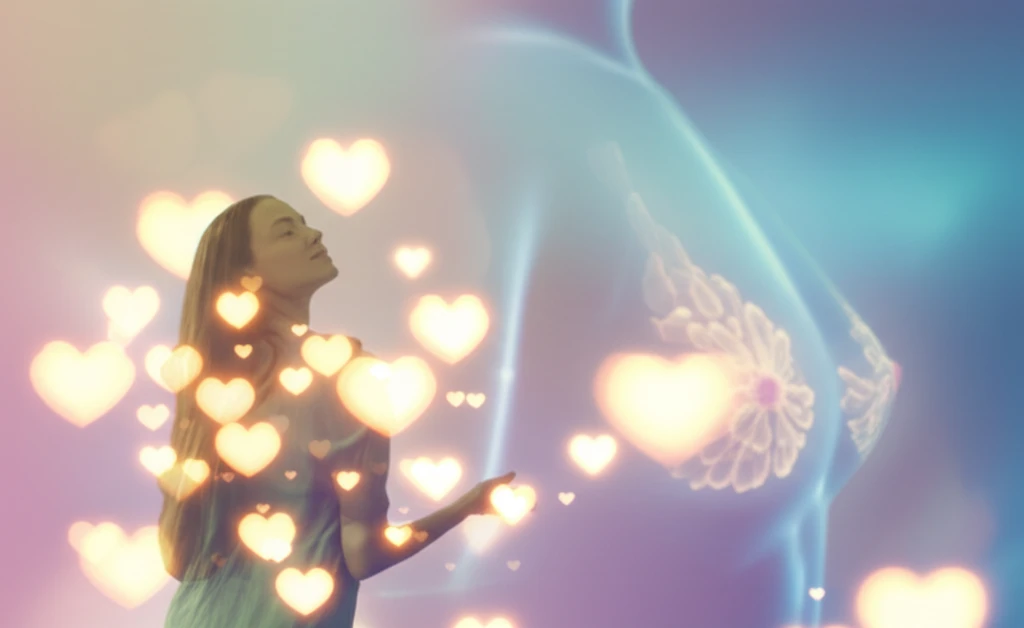 A woman surrounded by glowing, heart-shaped orbs, symbolizing oxytocin and breast cancer prevention.
