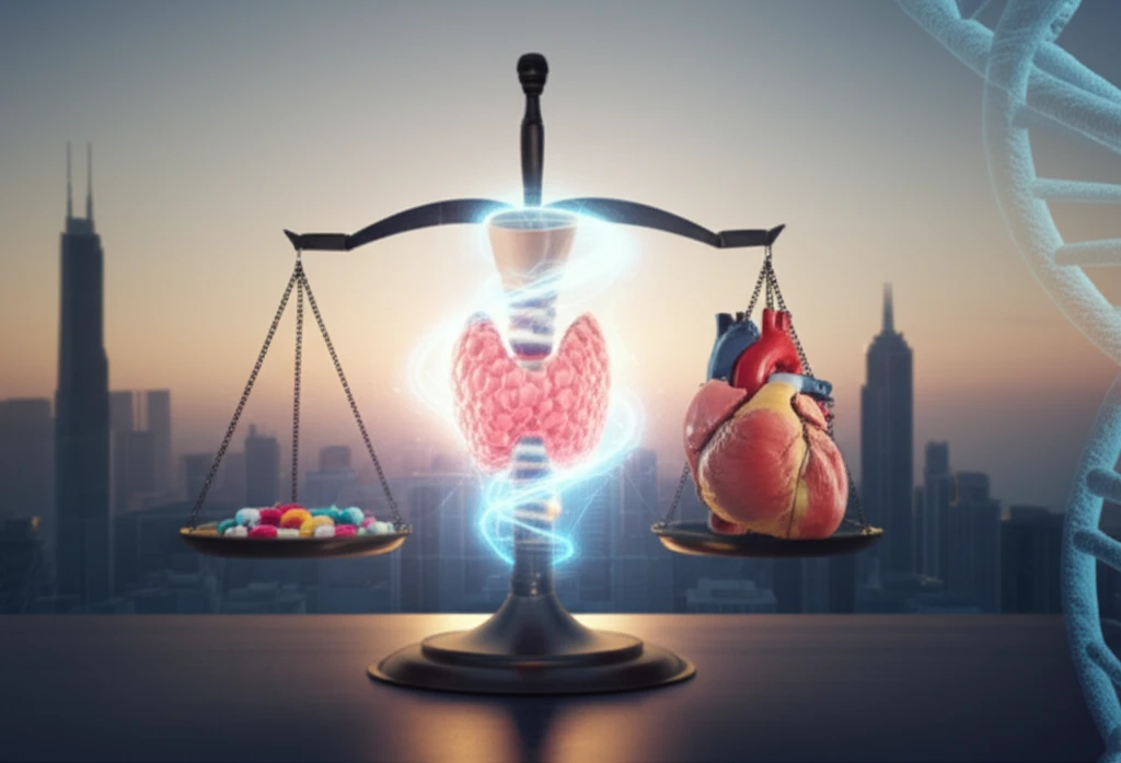 Surreal illustration of thyroid cancer treatment balancing efficacy and quality of life.