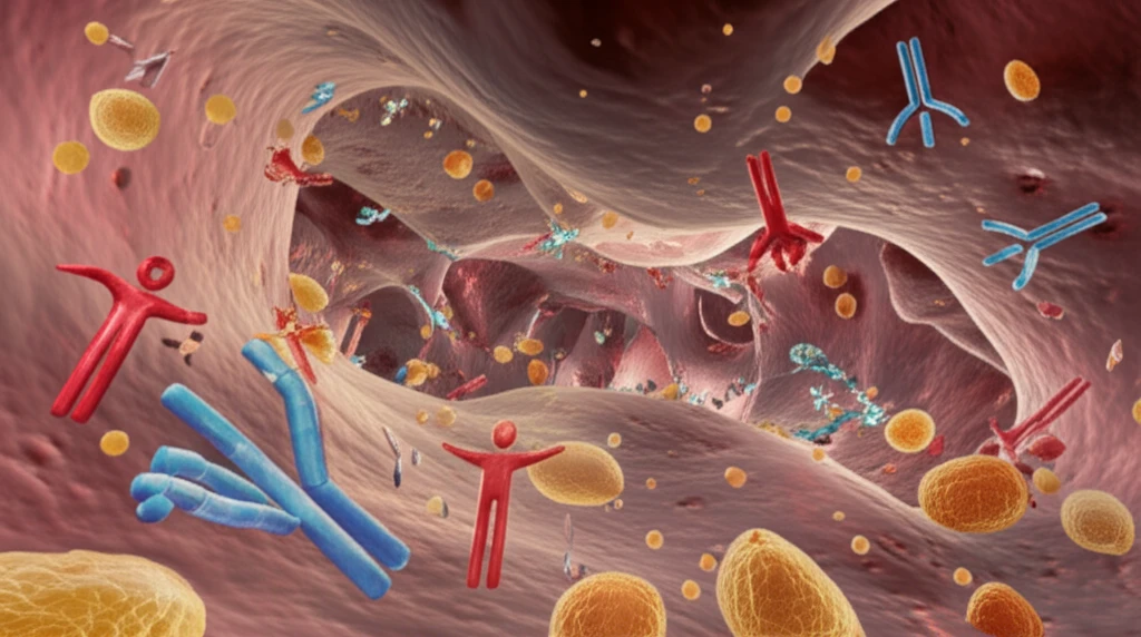 Surreal illustration of intestinal landscape with yeast and antibodies.