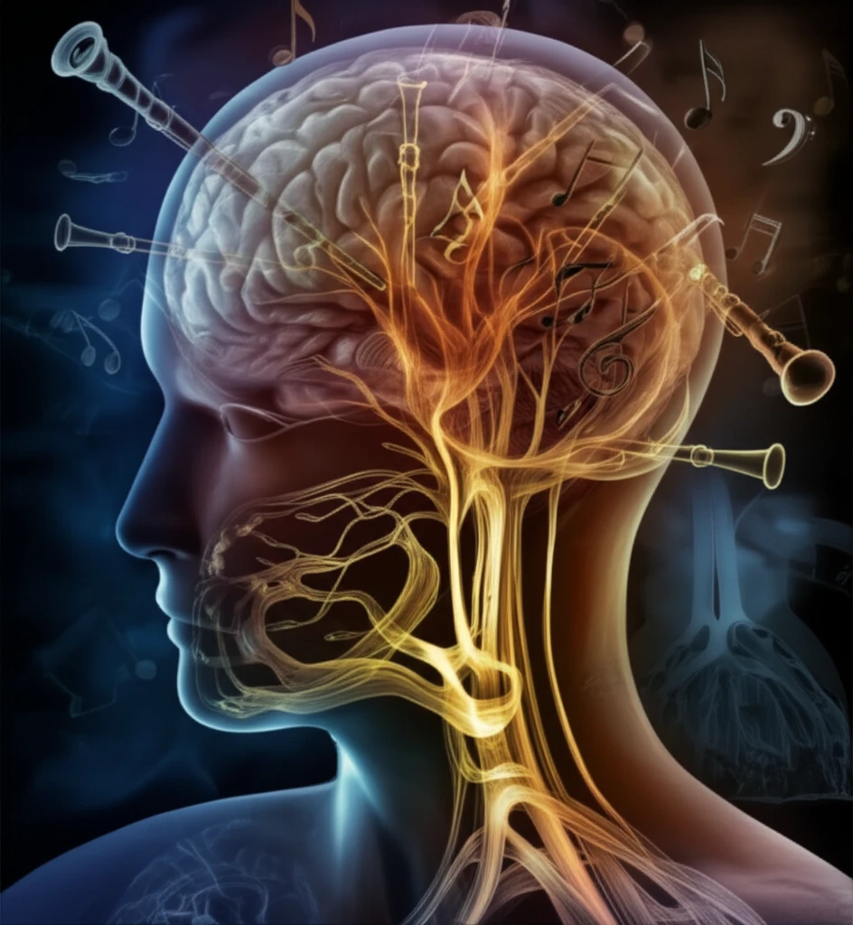 Illustration of cranial nerves IX and X with musical notes
