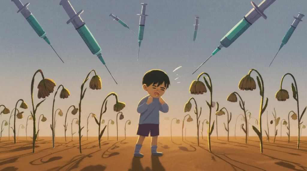 A symbolic image representing the ongoing threat of pertussis, showing a child coughing in a desolate landscape with vaccine needles casting shadows.