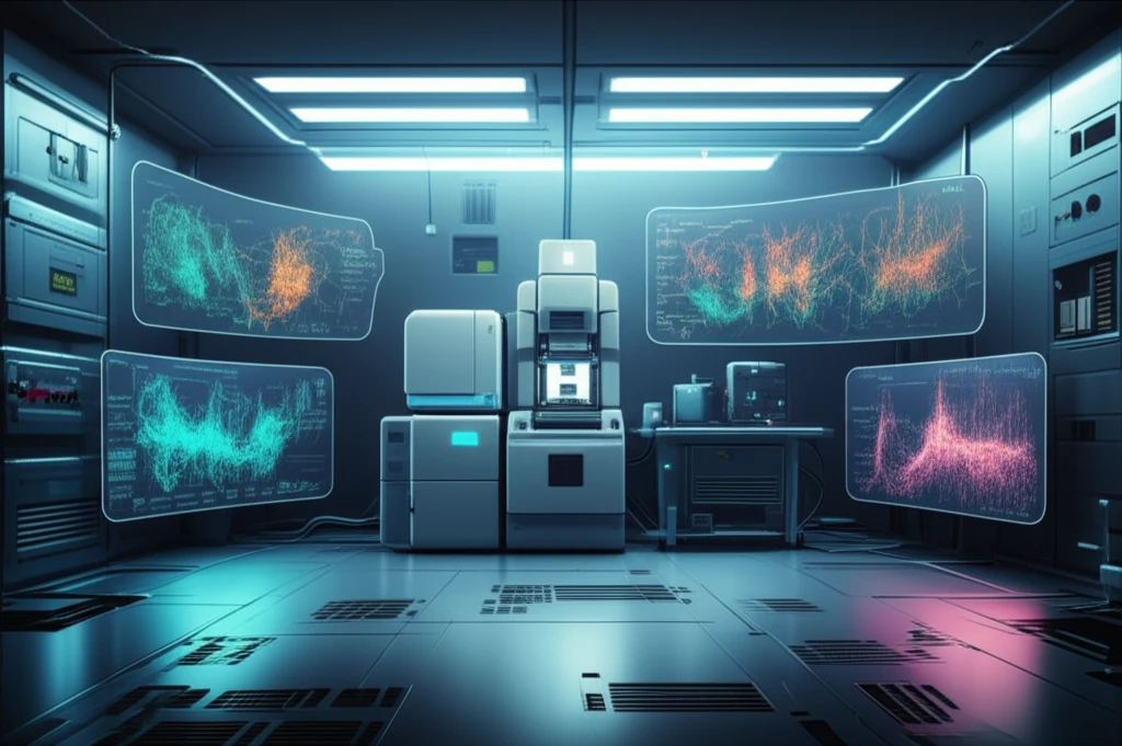 Futuristic microbiology lab with glowing MALDI-TOF mass spectrometer and holographic displays.