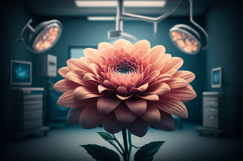 Surreal illustration of hip joint diagrams forming a blooming flower in an operating room.