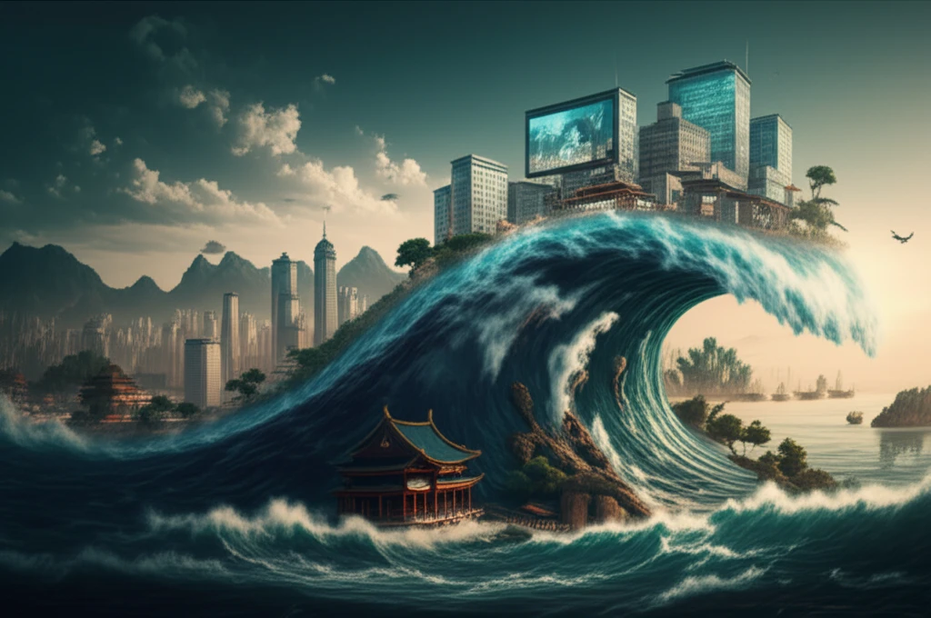 Futuristic illustration of China's aging population wave, blending tradition and technology in healthcare.