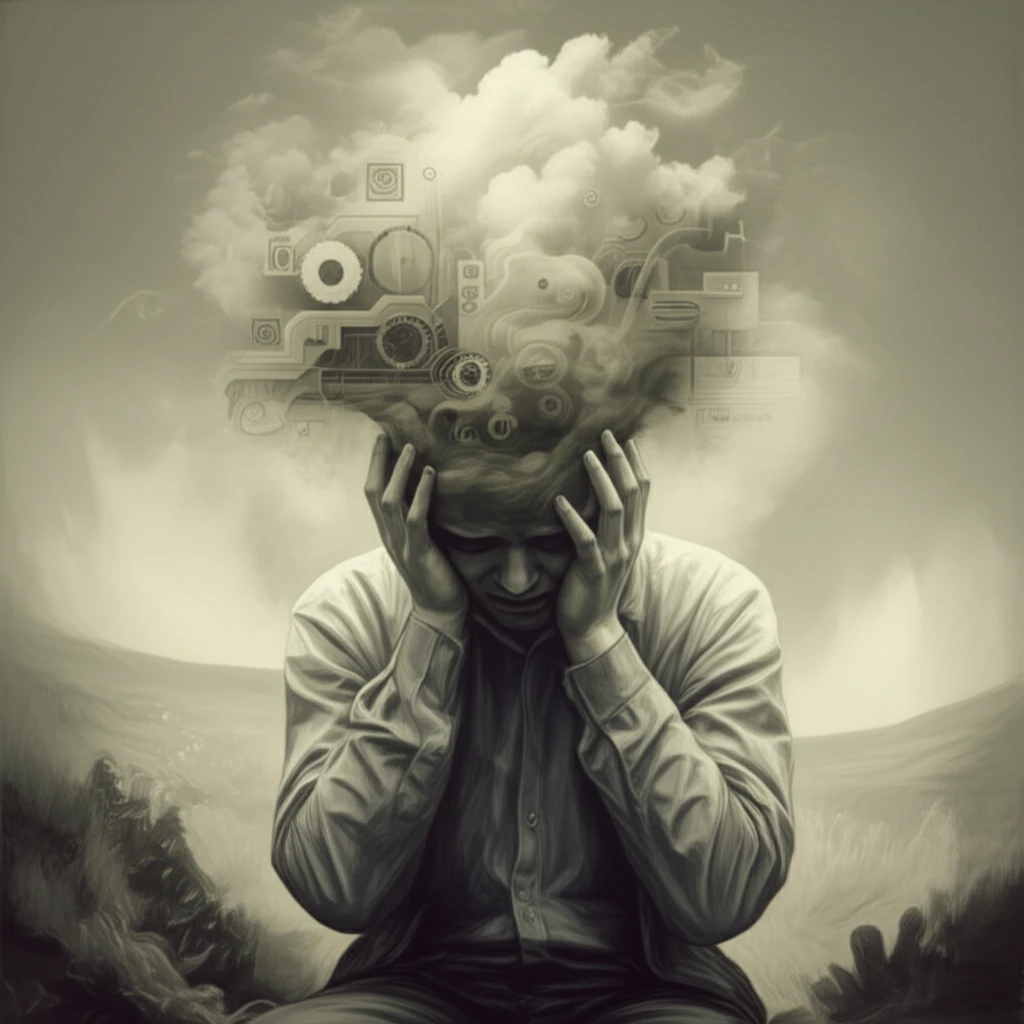 Surreal image of a person experiencing brain fog due to cluster headaches.