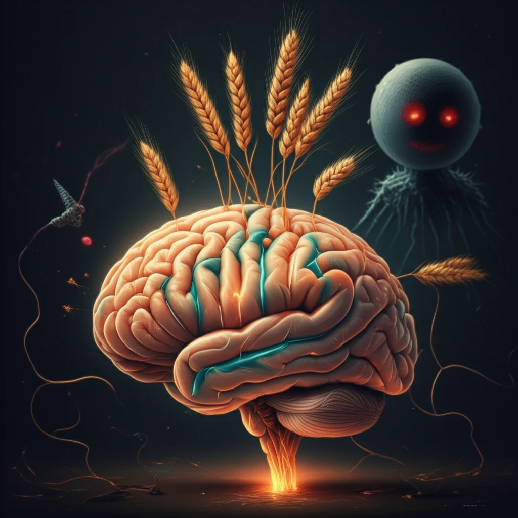Surreal illustration depicting the connection between gluten, the brain, and autoimmune responses in gluten ataxia.