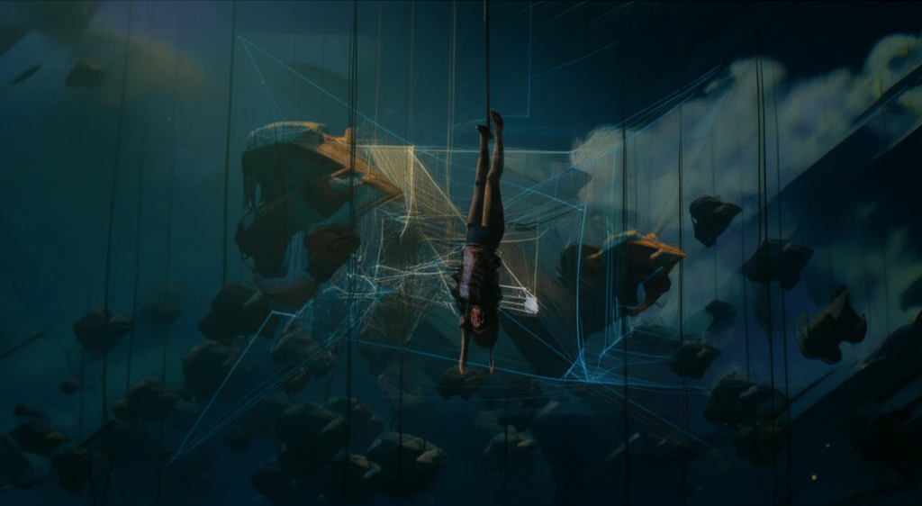 Surreal illustration of a person upside down perceiving shifting shapes under changing light.