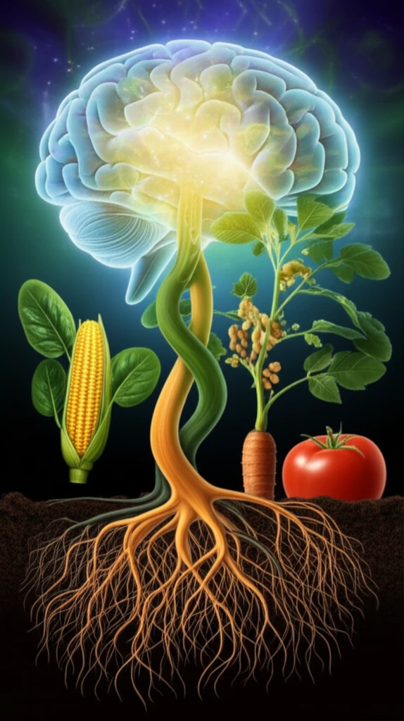 Surreal illustration of the gut-brain connection with plant roots and an abstract brain.