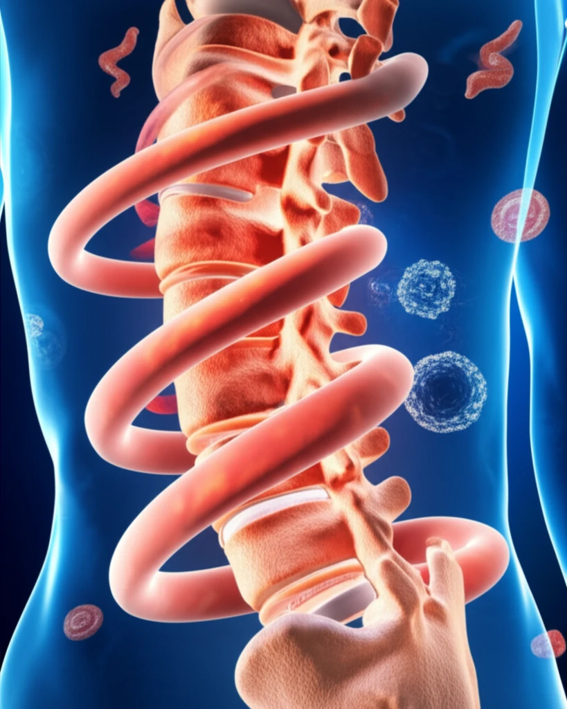 Surreal illustration of a spine intertwined with a salmon-colored rash, symbolizing ankylosing spondylitis and adult-onset Still's disease.